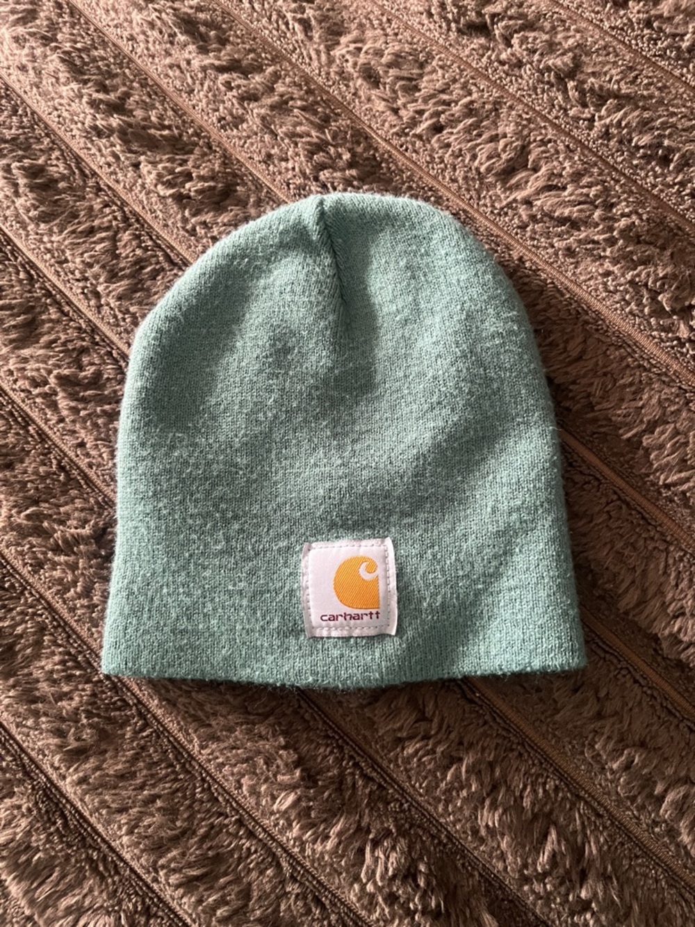 Carhartt Kids Mint Green Knit Beanie with Yellow Logo Patch
